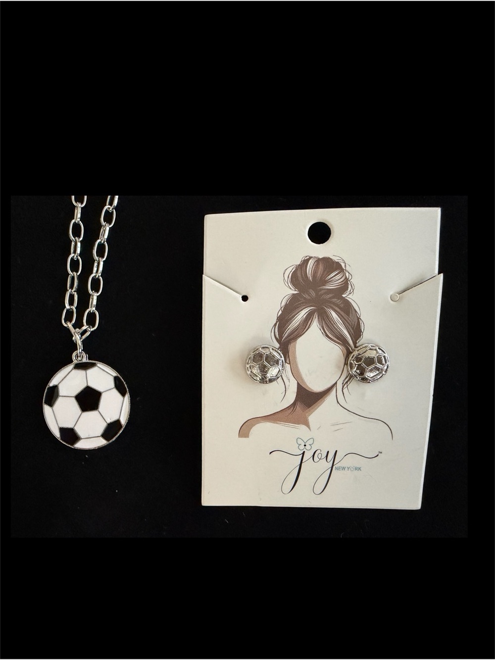 Silver and Black Soccer Ball Necklace & Earrings Set